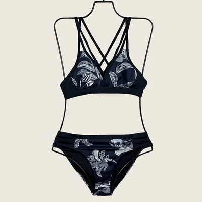 Athleta Fiore Blue Black Floral Print Strappy Two-Piece Bikini Swimsuit SMALL  - Image 1 of 4