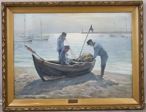 Fischer am Hafen 106x81cm Ölgemälde signiert W. DOUMONT 1935 (BG2576) - Bild 1 von 15
