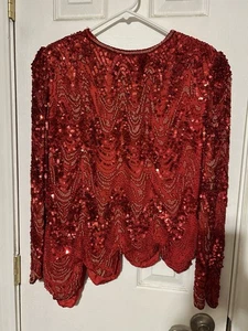 Vintage Women’s Night Line Red Beaded Sequins Evening Party Top Size Large - Picture 1 of 9
