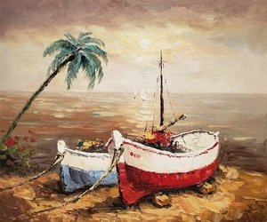 Boats on Island #1,   20x24, 100% Hand Painted Oil Painting on Canvas - Picture 1 of 6