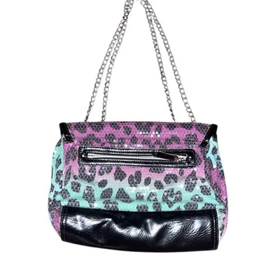 Betsey Johnson Multi Color Leopard Print Sequin Handbag Purse Bag Animal Chain - Image 1 of 4