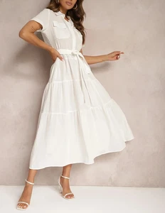 NUEVO CON ETIQUETAS $295 Vestido Camisa Midi Elie Tahari Cinturón En Niveles Lino en Blanco Cielo 8 - Imagen 1 de 5