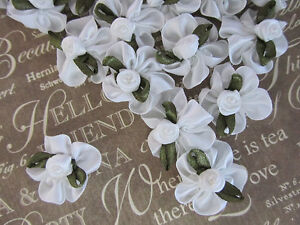 60 White Satin Ribbon Rose 1" Ruffle Flower Bow/Pearl Trim/Leaf/Wedding Craft F3