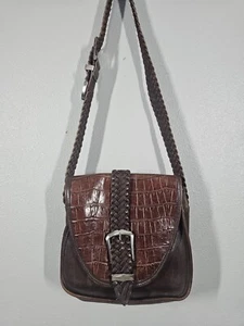 Vintage Brighton Leather Saddle Handbag Croc Embossed Braided Strap Flap Brown - Picture 1 of 10
