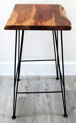 Live Edge Acacia Wood Square Seat Barstool with Iron Frame  - Image 1 of 4