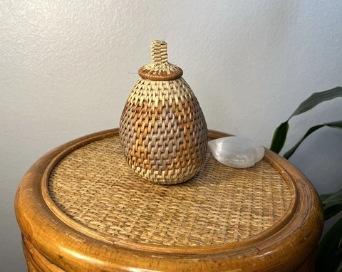Vintage Handmade Woven Basket Ethnic Tribal Folk Art with Lid Cover