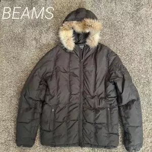 BEAMS Dark Gray Quilted Polyester Down Jacket with Raccoon Fur Hood Size L - Picture 1 of 24