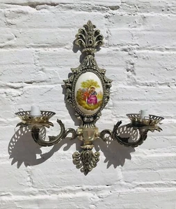 Aplique de pared antiguo de bronce fundido plateado, placa de porcelana Limoges, 2 luces - Imagen 1 de 10