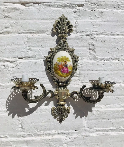 Antique Silver Cast Bronze Wall Sconce, Limoges Porcelain Plaque, 2 Lights Cover