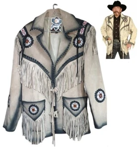 Herren Wildleder Western Cowboy Lederjacke mit Fransen & Perlenarbeit - Bild 1 von 6