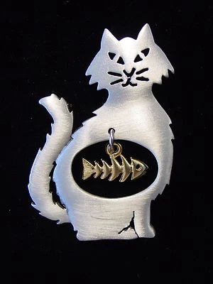 Broche "JJ" Jonette Jewelry prata estanho 'osso de peixe no estômago de gato' - Imagem 1 de 3