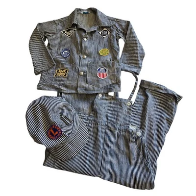 Roupa de maestro de trem infantil vintage anos 50 e 60 Sarah Konel 5-7? Patches listrados jeans - Imagem 1 de 4