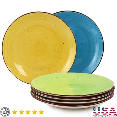 Stoneware Dinner Plates Set 6 Pieces Assorted Colors Hand-Painted Microwave Safe - Image 1 of 4