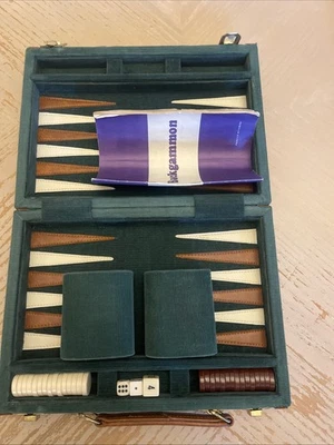 Vintage Backgammon Set – Green Corduroy Case, Magnetic Checkers, 3 Dice & Cups - Image 1 of 4