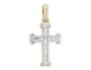 Channel Baguette 4/5 CT Real Diamond Cross Pendant 1.4" 10K Yellow Gold - Picture 1 of 4