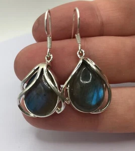 labradorite pear solid Sterling Silver drop earrings. Cabochon 37mm. Gift box #1 - Picture 1 of 12