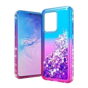 For Samsung S20 Ultra 6.9" Two Tone Water Quicksand Glitter Case BLUE/HOT PINK - Picture 1 of 1
