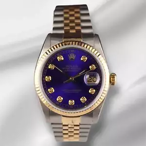 Rolex Datejust 36mm 18k YG 2-Tone Fluted Royal Blue Diamond Dial Watch 16013 - Picture 1 of 12