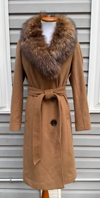 ELLEN TRACY карамель бежевый шерсти смесь пальто с реальный лисий мех воротник подпоясанный 2P - Изображение 1 из 4
