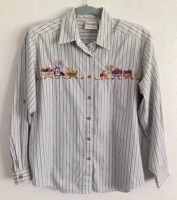 Napa Valley Women's Striped Long Sleeve Embroidered Shirt Multicolor Floral Sz 8 - Imagem 1 de 4