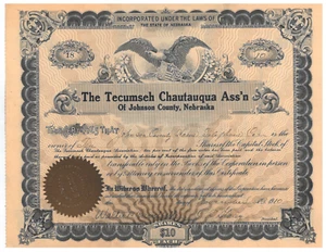The Tecumseh Chautauqua Ass'n 1910 Johnson County, Nebraska stock certificate - Picture 1 of 1