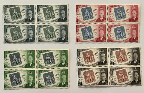 1952 BARBADOS LOT OF FOUR BLOCKS OF 4 MNH OG STAMPS (x16) KING GEORGE VI Cover