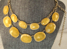 Tiered Statement Bib Gold Tone Necklace Yellow Oval Faceted Acrylic Cabochon BR