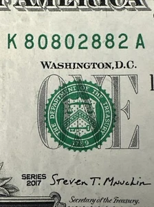 QUAD in 2017 $1 Dollar Bill, UNIQUE SERIAL NUMBER K 8080 2882 A - VCAUC028 - Picture 1 of 12