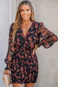 NWT Cupshe Mini Dress Black Floral Sheer Long Sleeve LBD Women's Size Medium - Picture 1 of 8
