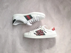 Gucci Ace Sneakers Snake Men 9 White Logo Leather Shoes Low Tops 456230 - Picture 1 of 16
