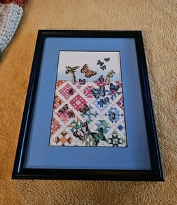 Gerahmter Schmetterling Kreuzstich Vintage bunt Cottagecore 8,5"x 11" - Bild 1 von 8