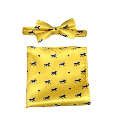 Mens Yellow with Blue Horses BOW TIE Pocket Square Pre-Tied Race Day Bow Tie - Image 1 of 4