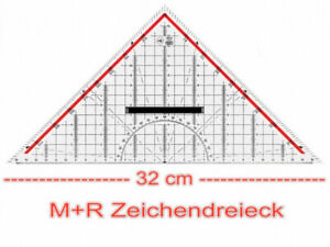 M+R Zeichendreieck 32cm Geodreieck Glasklar Tuschekante rot hinterlegte Skala