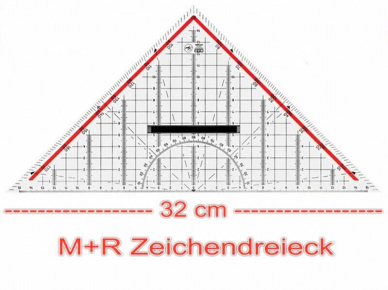 M+R Zeichendreieck 32cm Geodreieck Glasklar Tuschekante rot hinterlegte Skala