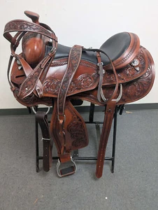 Western Saddle Barrel Racing Trail Horse Pleasure Tooled Leather Tack Set 17 in - Picture 1 of 9