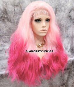 HUMAN HAIR BLEND LACE FRONT FULL WIG LONG WAVY LAYERED PINK MIX HEAT OK NWT