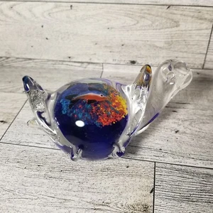 Hand Blown Glass Turtle Paperweight with Interior Fish by SDS SEAPOOT GROUP 4" - Picture 1 of 6
