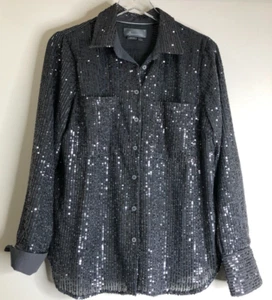 By Anthropologie Sz Large Collared Sequins Long Sleeve Buttonup Slate Gray Cuffs - Picture 1 of 12