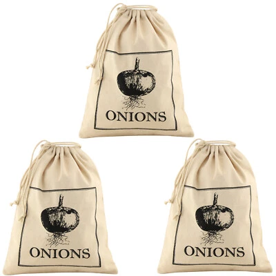 Cotton Onions Bag Beige Fabric Vegetable Drawstring Storage Reusable Bag 3pcs - Image 1 of 3