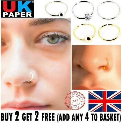 SMALL THIN EYEBROW NOSE EAR 925 STERLING SILVER STUD HOOP RING 8- 10mm WITH BALL - Image 1 of 4