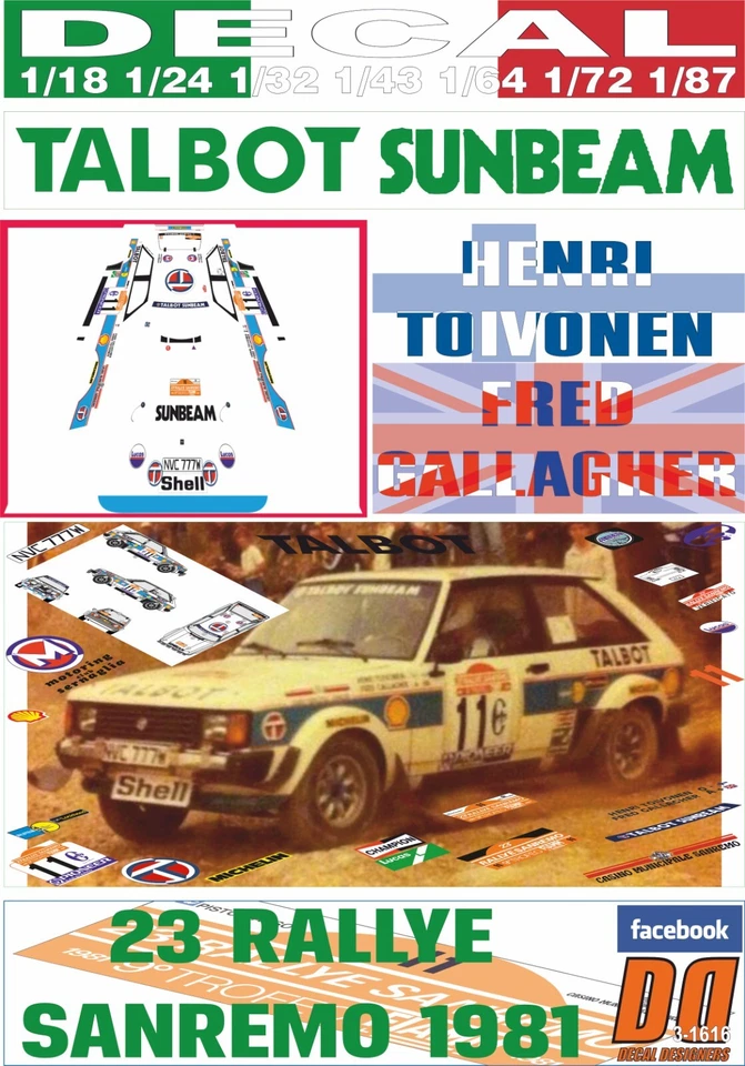 DECAL TALBOT SUNBEAM LOTUS H.TOIVONEN R.SANREMO 1981 2nd (04) - Immagine 1 di 1