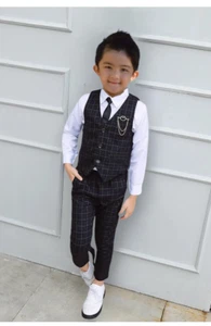 Boy Plaid Vest Blazer Kids Waistcoat Wedding Clothes Set Toddler Formal Dress Su - Picture 1 of 3