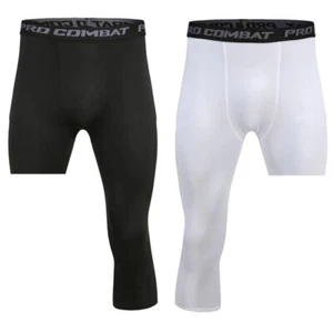 Men Base Layer Cropped Trousers Running Tights Basketball Sports One Leg Pant - Picture 1 of 11