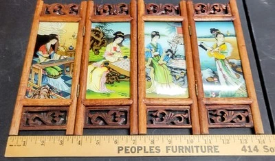 Vintage Chinese 4 Panel Wood Table Screen Hand Painted Beautiful Ladies Women - Image 1 of 4