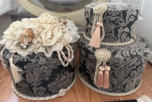 Set of 3 Vintage Marcela Round Storage Gift Hat Boxes Fabric Lace & Tassel Trim - Picture 1 of 19