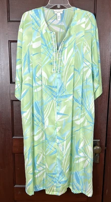 Oscar De La Renta Kaftan Women's Large Green Blue Flora Tunic Elegant Lounge - Image 1 of 4