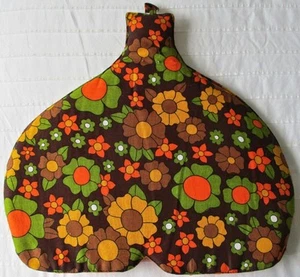 VINTAGE HELENWARE LONDON ORANGE YELLOW GREEN BROWN FLOWER POWER COTTON TEA COSY - Picture 1 of 1
