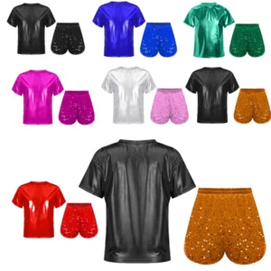 Kids Sets Dance Activewear Exercise Qutfit Short Sleeve Sportswear Sports Shiny - Picture 1 of 74