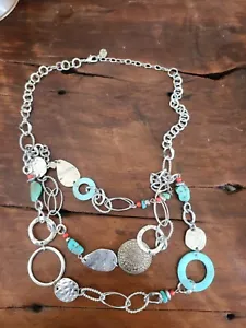 Womens Fashion Long Turquoise And Silver Chain Multi-Strand Layered Necklace - Picture 1 of 3