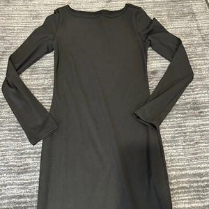 Shein Dress Bodycon Womens Small Maxi Black Ribbed Stretch Long Sleeve Side Slit - Picture 1 of 13